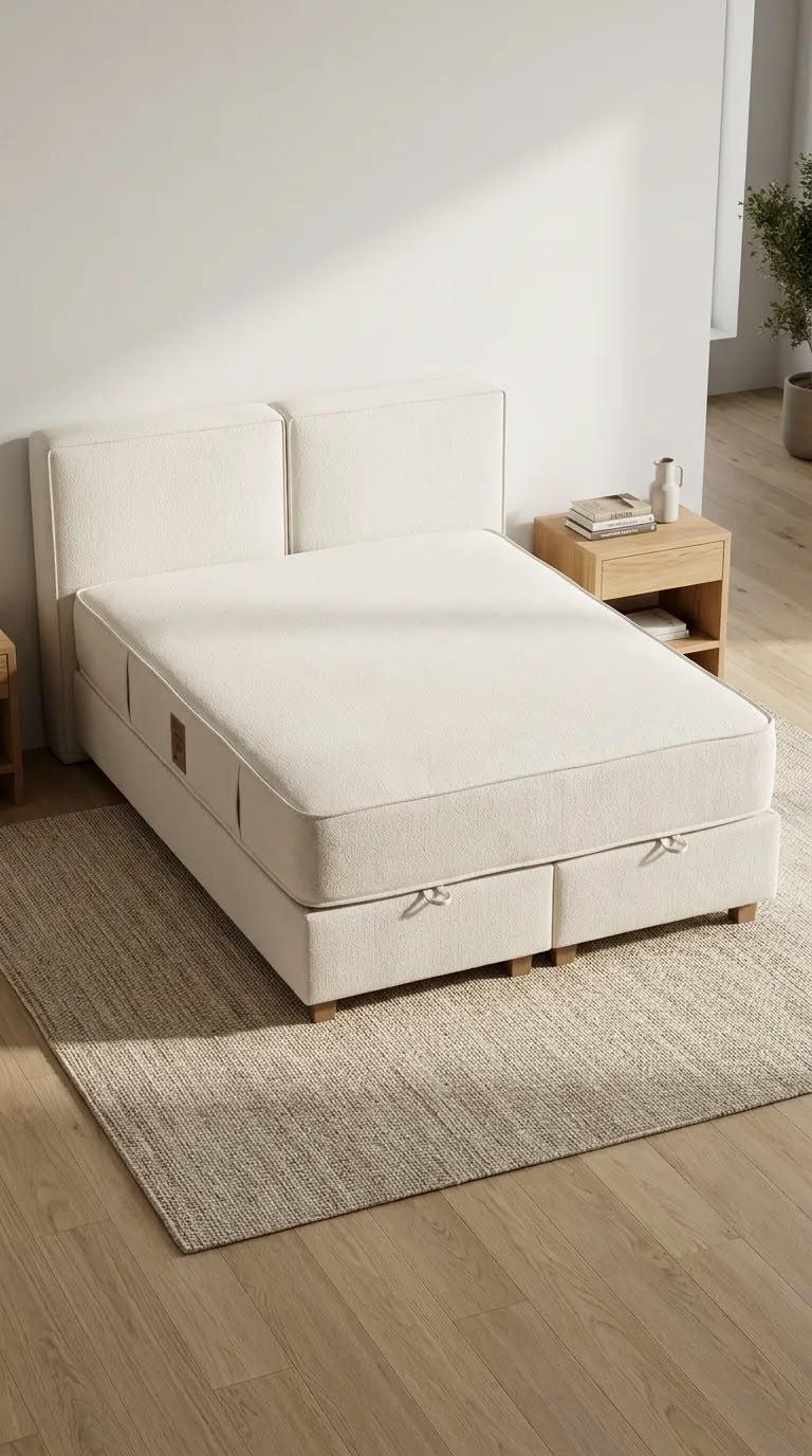 Upholstered bed styled in a bright bedroom