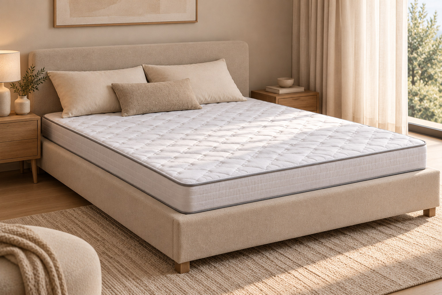 Bettina mattress in a softly lit neutral bedroom
